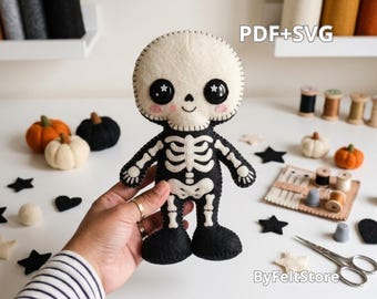 Cute Skeleton Felt Pattern PDF SVG | Halloween Plush Sewing Pattern | DIY Skeleton Ornament |