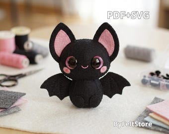 Felt Bat Plush Pattern PDF & SVG, Cute Halloween Bat Sewing Pattern, DIY Felt Animal Template, Handmade Plushie Tutorial