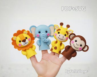 Safari Felt Finger Puppets Pattern PDF & SVG – DIY Sewing Tutorial for Kids Toy (Lion, Elephant, Giraffe, Monkey)