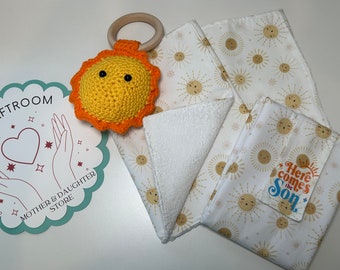 Burp Cloth-Burp Rags Baby Gift, New Born, Baby Shower, Here Comes the Son. Optional add ons Baby Rattle, Diaper changing Pad.