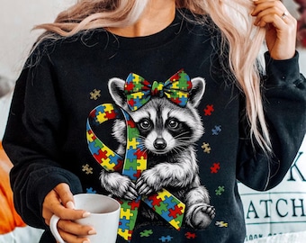 Retro Autism Awareness Raccoon Png, Puzzle Piece Graphic Tee, Neurodiversity Mom Sublimation Designs Digital Download
