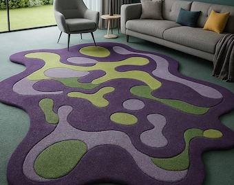 Abstract tapijt met organische vorm, onregelmatig paarsgroen tapijt, modern getuft wollen tapijt, modern woonkamertapijt