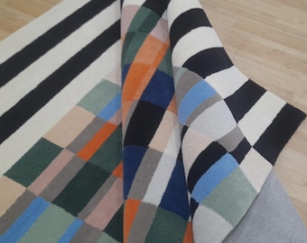 Modern Geometric  Rug, Abstract Checkered Grid Rug, Colorful Contemporary Carpet, Mid Century Modern Living Room Decor, Handmade Style Rug