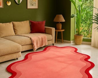 Modern Hand-Tufted Wavy Rug – Pink and Red Abstract Carpet