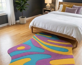 Bunter abstrakter unregelmäßiger Teppich, moderner getufteter Teppich, funky gewellter Form Teppich, Retro Dopamin-Dekor-Teppich, handgemachter zeitgenössischer Wohnzimmerteppich