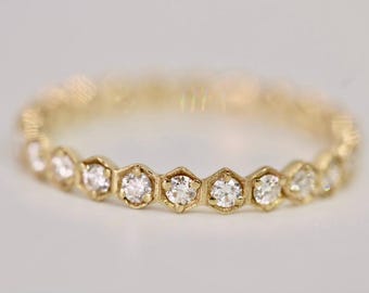 Gold Diamond Eternity Band Wedding Ring For Women Natural Diamonds Hexagon Shape Setting Stackable Ring Honeycomb