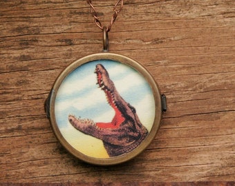 Alligator Necklace, Florida Postcard Image, Handmade Cool, Vintage Inspired, Fun Birthday Gift, Locket Unique Funky Jewelry Geekery Gift