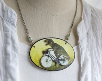 T-Rex Dinosaur Necklace, Geekery Fun on Bicycle, Weird Statement Handmade Gifts For Friend, Jewellery Present Quirky Jewelry Fashion for Her