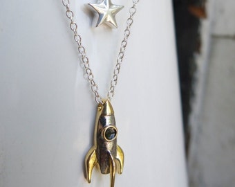 Rocket Ship Necklace Star, Quirky Gift, Astronomy Celestial Space Science Teacher Layering Geekery Layered Gold Sci Fi, Mother's Day Sale