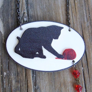 Black Cat Necklace, Pet Mom Jewelry, Quirky Kitsch, Fun Gift, Cat Playing with Yarn, Silhouette Kitten, Present For Her, Crazy Cat Lady