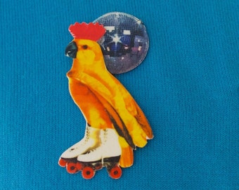 Brooch Pin Yellow Disco Parrot Bird, Retro Handmade Statement Jewelry, Fun Quirky Kitsch, 70s 80s Roller Skates, Disco Ball Dancing Music