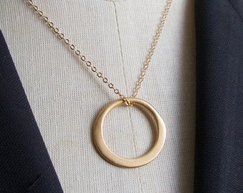 Bronze Circle Hoop Necklace, Mother's Day Gift, Handmade Modern, Brass Pendant, For Her Gold Colo,r Simple Minimalist Ring, Casual Everyday