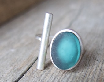 Sea Glass Ring Adjustable, Aqua Blue Silver Bezel, Unique Design for Her, Mother's Day Gift for Friend, One of a Kind Present