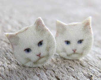 White cat earrings, Persian Studs for Women and Girls, Animal Lover, Kitten Post Handmade, Plastic Resin Image for Her Jewelry, Pets and Vet