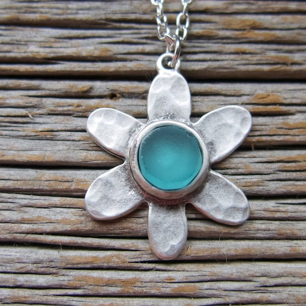 Sea Glass flower Necklace, Aqua or Cornflower Blue Pendant, Seaglass Handmade for Her, Mother's Day Sale, Beach Ocean Travel Gift For Friend