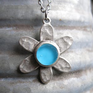 Sea Glass Necklace Aqua Cornflower Blue Pendant with Antiqued Silver Floral Charm, Wedding Gift for Flower Girl, Women and Teens. image 2