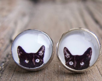 Black Cat Stud Earrings, Kittens Gift, Handmade Cute for Girls, Best Friends, Animal Lover, Quirky Whimsical, Silhouette, Mother's Day Sale,