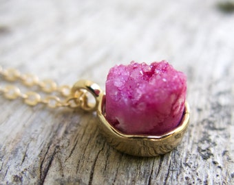 Pink Druzy Necklace, Gemstone Jewelry For Women and Girls, Minimalist Gift for Birthday Every Day Wear, Pretty Fuchsia Color, Round Pendant