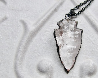 Crystal Quartz Arrowhead Necklace, Healing Stone, White Clear Gemstone, Soldered Industrial, Bohemian Boho Style, Friend Gift, Hippy