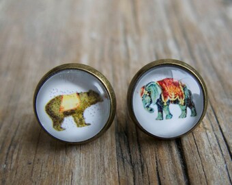 Elephant and Bear Earrings Vintage Inspired Circus Russian Influence Post Earrings, Round Earrings, Gift Ideas, Animals