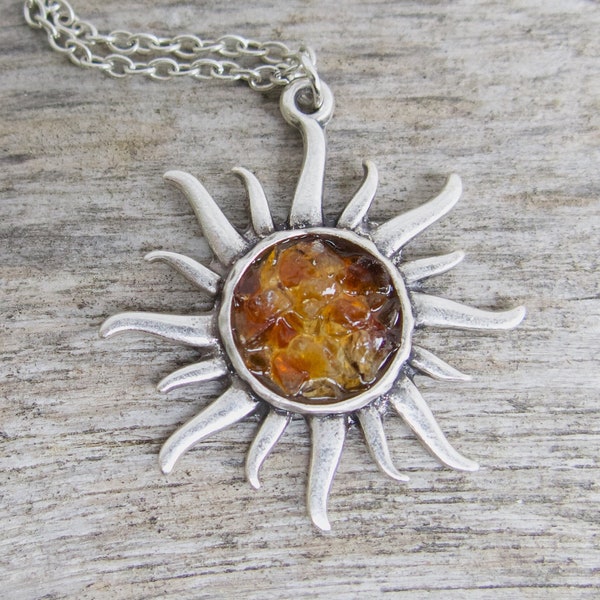 Citrine Sun Necklace, Silver Plated Gemstone Pendant, Sunburst, Boho Bohemian Jewelry, Handmade for Her, Birthstone November, Birthday Women