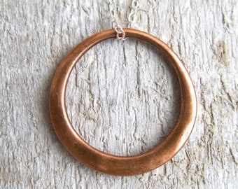 Copper Ring Necklace, Hoop Pendant, Simple Everyday Present, Modern Mixed Metal, Circle Jewelry, Round Hammered, Mother's Day, Mum Mom Gift