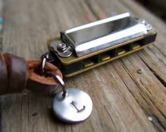 Miniature Harmonica Necklace, Gift for Dad Father Brother Co-Worker, Personalized Initial Boys Boyfriend Instrument Music Musician for Him