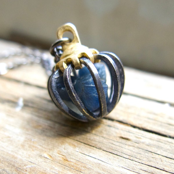 Sapphire Birthstone Necklace, Blue Jewelry, Rough Crystal, New Mother, Gemstone Stone September Gift for Mom Wife For Her Push Present Cage