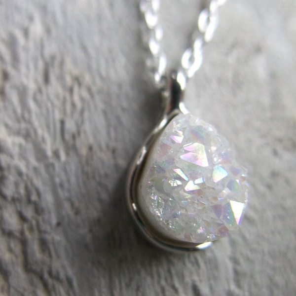 White Druzy Necklace, Titanium Rainbow with Pink Sparkle, Gemstone Crystal, Natural Stone Pendant Gift For Her, Mother's Day, Present Friend