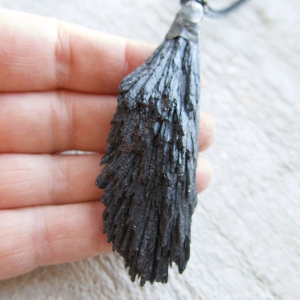 Black Kyanite Necklace, Gift for Him or Her, Rough Raw Stone Pendant, Rustic Feathered, Dad Boyfriend, Thick Chain Metal, for Brother Son