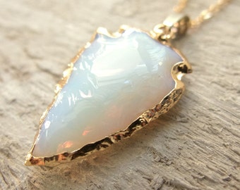 Opalite Arrowhead Necklace, Arrow Healing Stone, Mother's Day Gift, White Gemstone, Bronze Gold, Friend Gift, Boho Bohemian Style, Opal