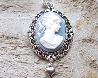 Cameo Necklace, White Lady on Blue Resin, Birthday Present, Pastel, Mother's Day Gift, Grandmother, Mom Girlfriend Sister Best Friend,  Her