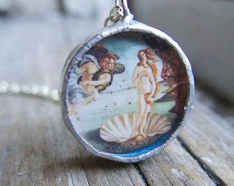 The birth of Venus Necklace, Aphrodite Love Goddess Pendant, Round Soldered, Classic Painting, Handmade Gift for Her, Botticelli Art Artist