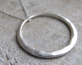 Silver Hoop Necklace, Antique Inspired, Cool Circle Mother's Day, Simple Large Handmade, Minimalist Modern for Her, Best Women Jewellery