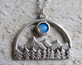 Forest Trees Mountains Necklace, Moon Pendant Nature Lover, Opalite Scenic Jewelry Metal, Cool  for Her Canada Pine Gift Mom Sister