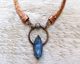 Kyanite and Copper Necklace, Mother's Day Gift, Raw Rough Gemstone, Handmade for Her Electroplate Metallic Rustic Statement Collar Connector