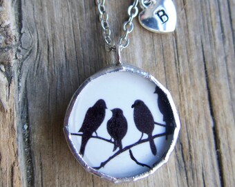 Black Birds on a Branch, Jewelry Pendant, Jewellery, Gift for Her, Animal Lover, Bird on a Wire, Silhouette Art, Personalized Initial