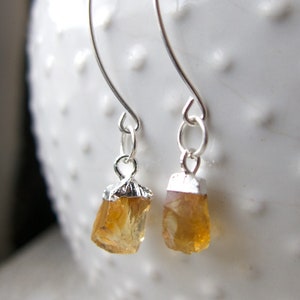 Yellow Citrine Dangle Earrings, Sterling Silver, Birthstone, November Birthday, Natural Rough, Raw Gemstone, Handmade Gift For Her, Present