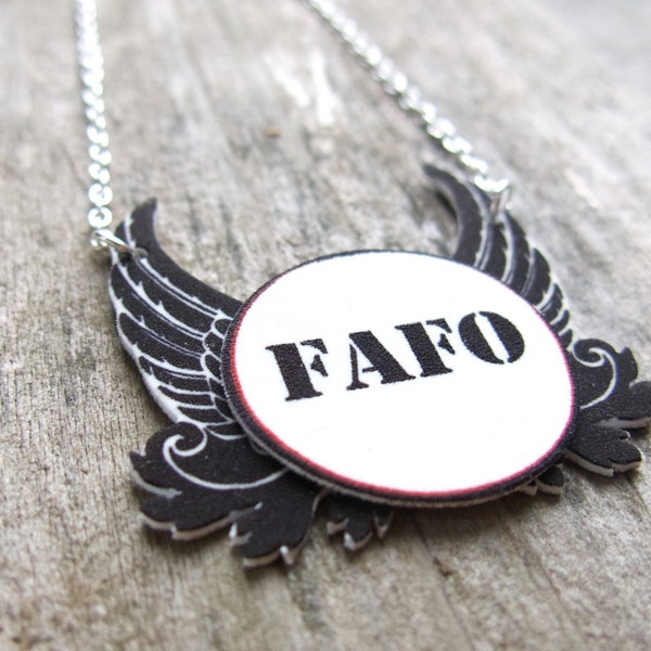 FAFO Necklace, Social Media Humour, Modern Expression Acronym, Gift for Friend, Twitter Instagram Trend, Kitsch Funky Funny Pin, Angel Wings