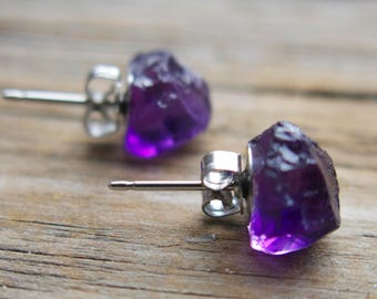 Amethyst Earrings, Raw February Gift  Birthstone, Dark Purple, Raw Gemstone, Stud Post, Birthday For Girlfriend, Friend Present Natural