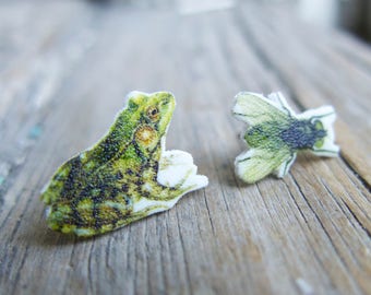 Frog and Fly Post Earrings, Handmade for Her, Stud Earrings, Birthday Gift Idea, Weird Wacky, Animal, Insects Reptile, Funny Idea for Girls