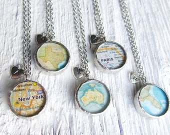 Personalized State Jewelry Map Necklace with Initial, World Travel, Traveller, City Country, Customized trip, Glass Pendant Gift, Keepsake