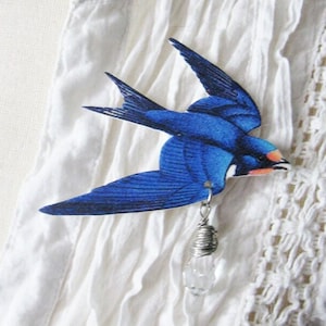 Blue Swallow Bird Brooch, Handmade Gift Her, Animal Pin, Woodland Jewelry, Crystal, Present for Girls, Birthday Teens, Present for Friend image 1