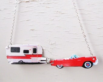 Glamping Car and Trailer Necklace, World Travel Retro Style Camper, Red Blue Green and White Vintage Inspired, Handmade for Her, Camping
