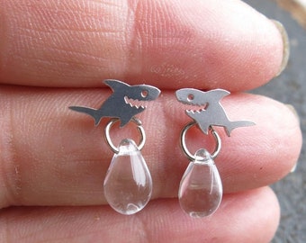 Shark Week Earrings, Clear Water Drop Beads, Post Jewelry, Ocean Nautical, Minimalist, Quirky Fish Studs, For Girls, Women Unique Fashion