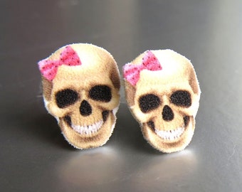 Scary Skull Stud Earrings for Halloween, Geekery Rockabilly, Post Jewellery Women Jewelry, Fun Quirky Retro Pink Bow For Girls and Teens