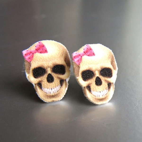 Scary Skull Stud Earrings for Halloween, Geekery Rockabilly, Post Jewellery Women Jewelry, Fun Quirky Retro Pink Bow For Girls and Teens