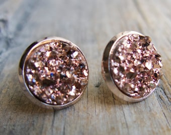Rose Gold Druzy Earrings, Studs Faux Resin, Sparkle Post Gift For Her Birthday Bridesmaids Gift for All Wedding Best Friend, Wedding Minimal