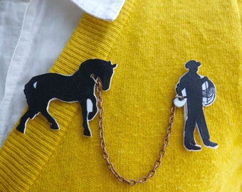 Cowboy and Horse Brooch, Statement Pin, Mother's Day Gift, Handmade for Her, Black Silhouette, South Western, Texas Ranch, Rodeo, Cowgirl