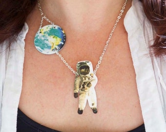 Astronaut and World Necklace, UFO Alien, Teacher Gift, To The Moon and Back Geekery Planet Earth, Galaxy Space Nerd Nerdy, Spaceman, For her